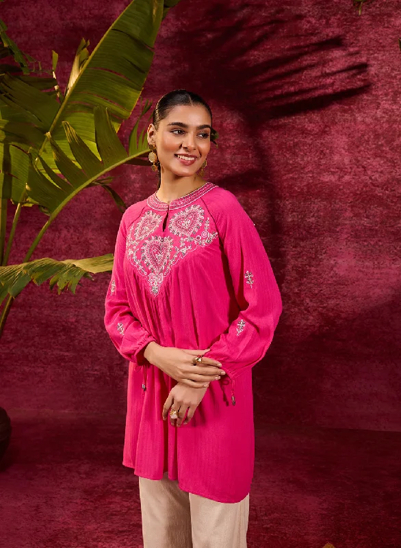 Markdown Sale Malti Deep Fuchsia Embroidered Striped Viscose Rayon Top For Women