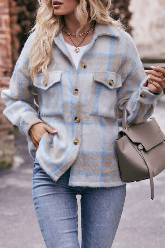 Weekend Savings Delight WOMEN BUTTON PLAID JACKET WITH POCKETS