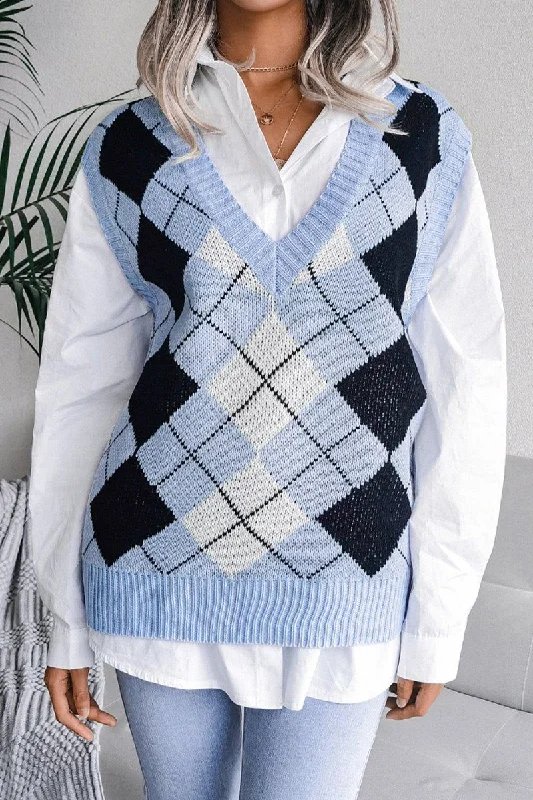 Discount Deals V NECK LOZENGE CASUAL LOOSE KNIT VEST