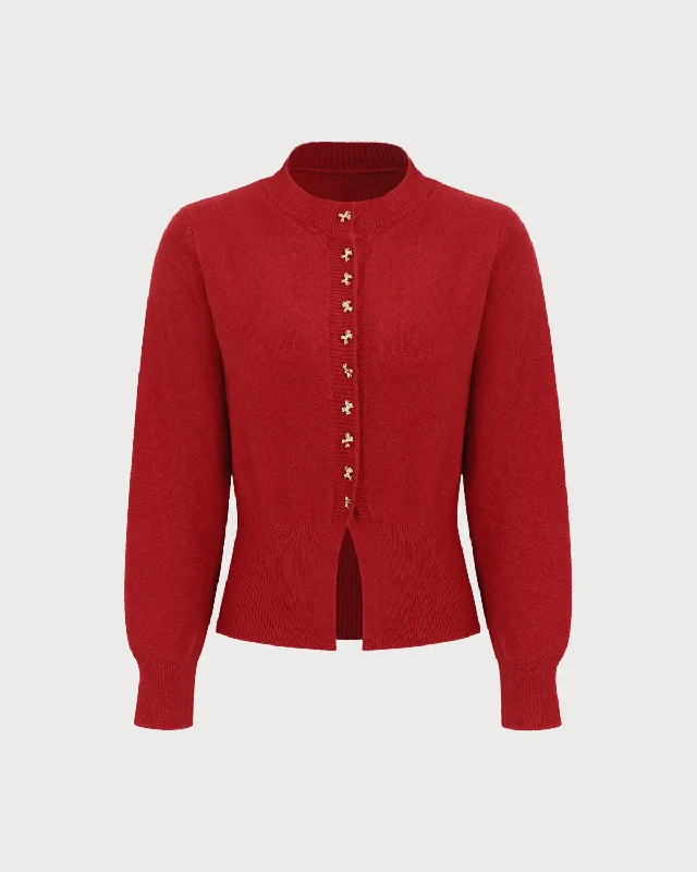 Mega Sale Women's Red Mock Neck Ribbed Knit Cardigan