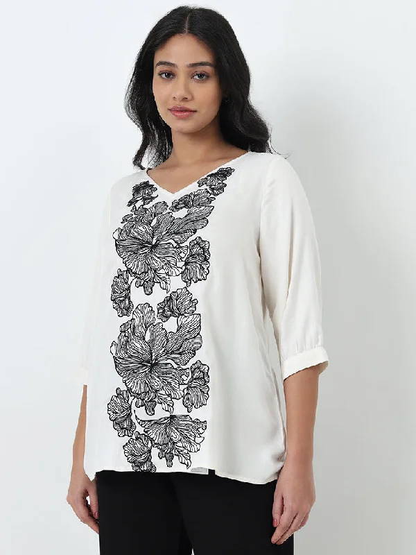 Overstock Gia Off-White Floral Embroidered Top