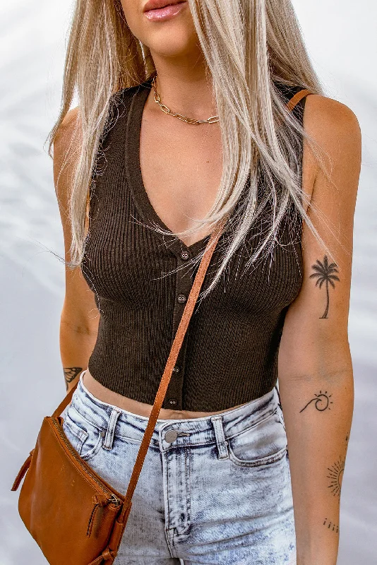 Major Savings Button Front Rib-Knit Cropped Knit Tank