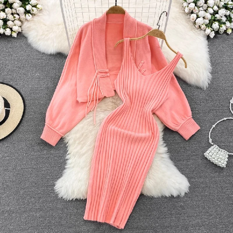 Closeout knitted shawl jacket two-piece set for women V-neck suspender dress       S4119