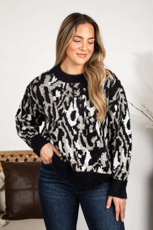 Hurry Up Black Animal Print Crewneck Sweater