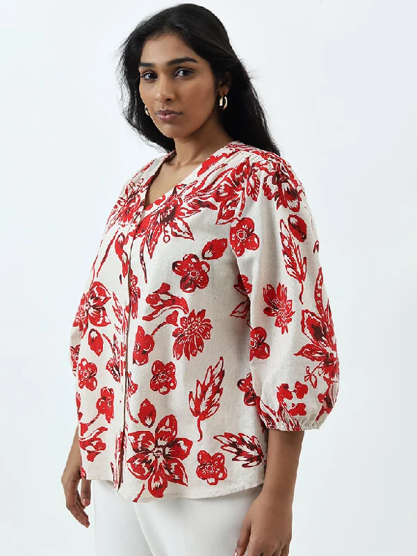 Instant Savings Gia Red Floral Printed Cotton Blend Blouse