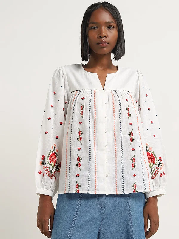 Buy More, Save More Bombay Paisley White Floral Embroidered Cotton Blouse