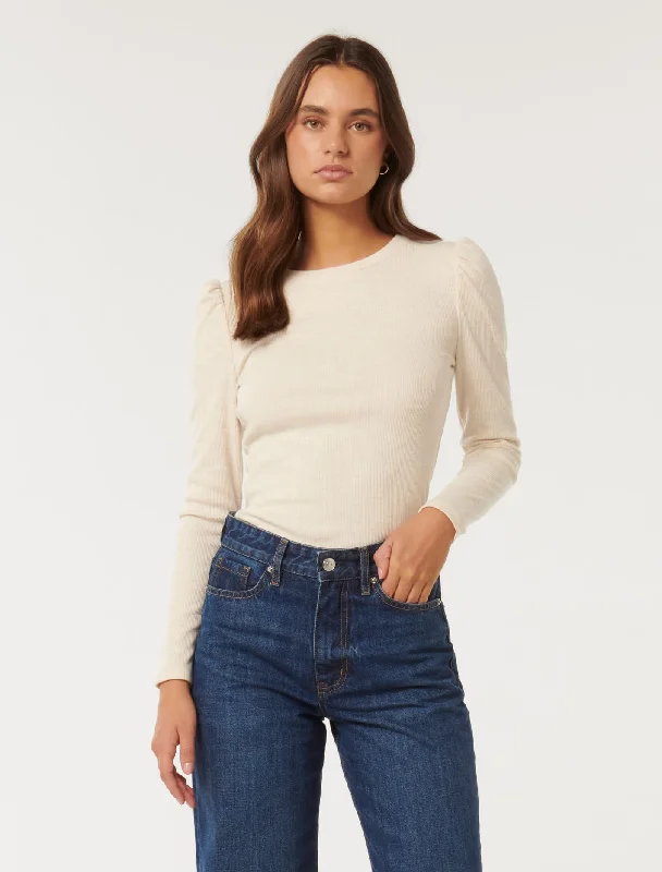 Lowest Price Vina Ribbed Puff Sleeve Top