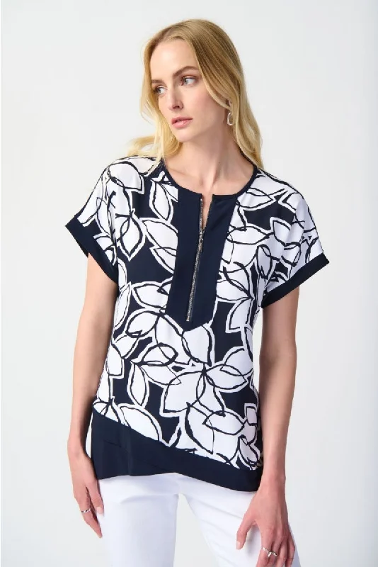 Deal Alert Joseph Ribkoff Midnight Blue/Vanilla Leaf Print Zip Front Asymmetric Hem Top 241032
