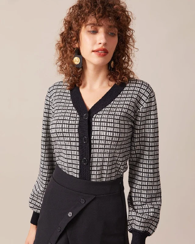 New Arrival The Black Plaid Colorblock Knit Cardigan