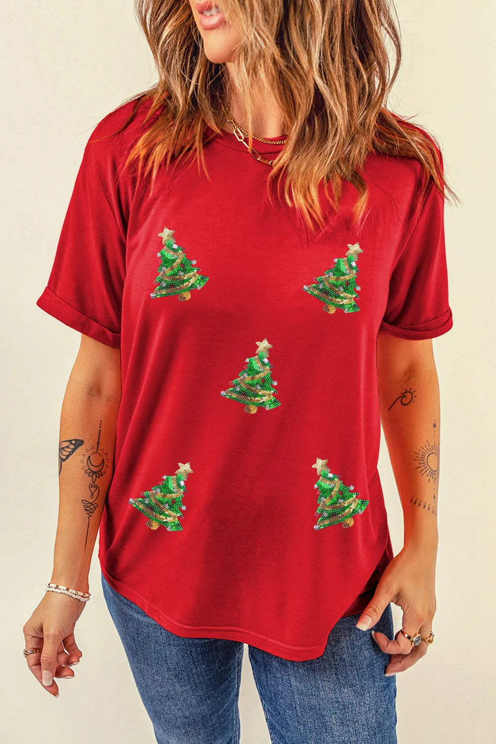 Markdown Sale Sequin Christmas Tree Round Neck Short Sleeve T-Shirt