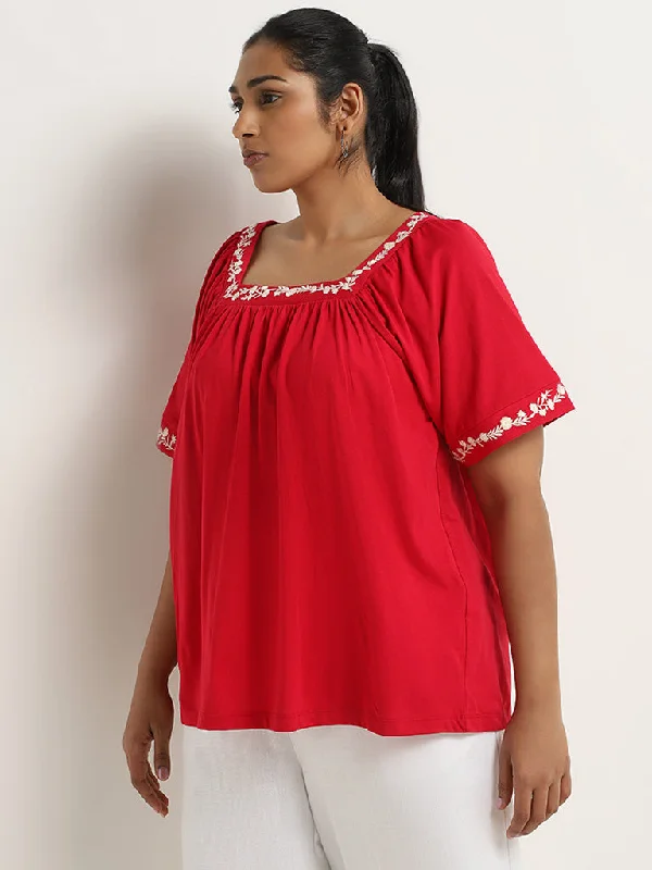 Price Slash Gia Red Floral Embroidered Blouse