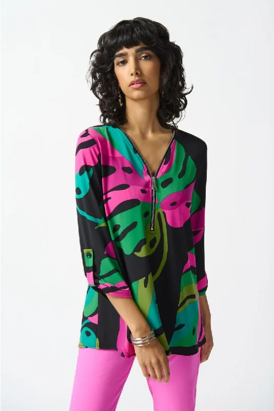 Best Bargains Joseph Ribkoff Black/Multi Tropical Print Zip Front 3/4 Sleeve Tunic Top 242232 Best Bargains Joseph Ribkoff Black/Multi Tropical Print Zip Front 3/4 Sleeve Tunic Top 242232