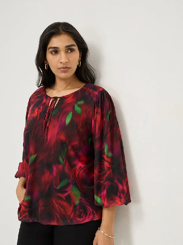 Members Only Gia Red Mesh Rose-Printed Blouse
