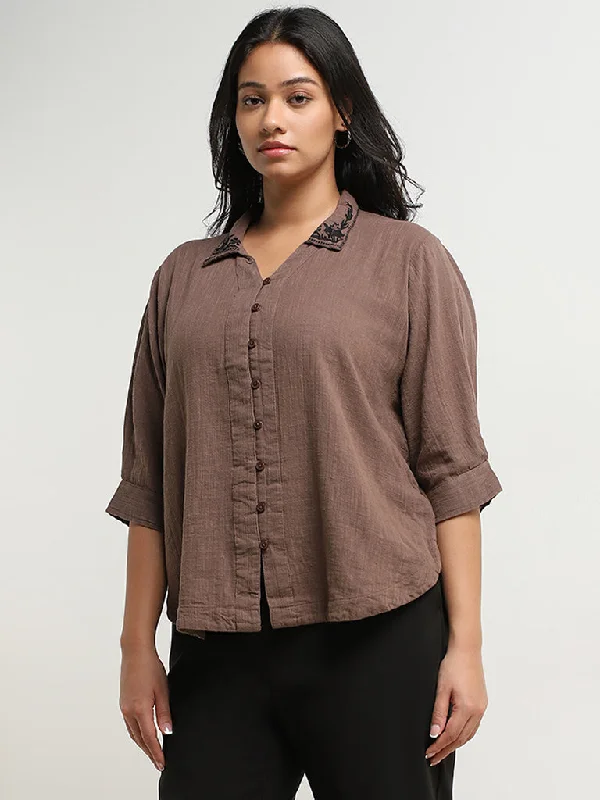 Pay Less Gia Brown Embroidered High-Low Cotton Blouse