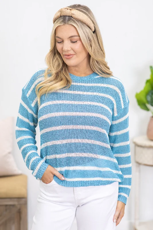 Instant Savings Baby Blue And White Stripe Light Sweater Top