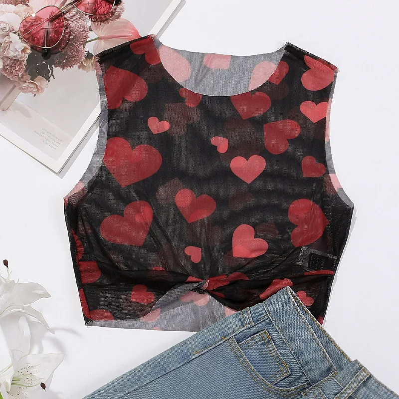 Markdowns Wholesale Women's Holiday Wear Sleeveless Printed Heart Wholesale Crop Tank Tops For Valentine'S Day