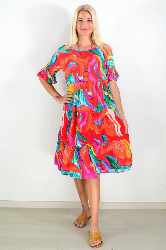 Great Deal Orange Pink Print Tunic Dress