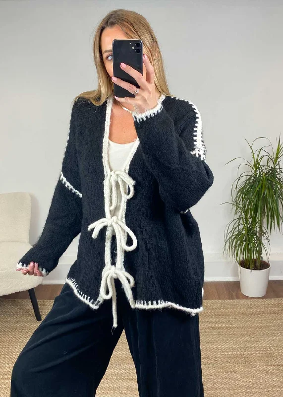 Online Only Jules Tie Front Stitch Cardigan in Black