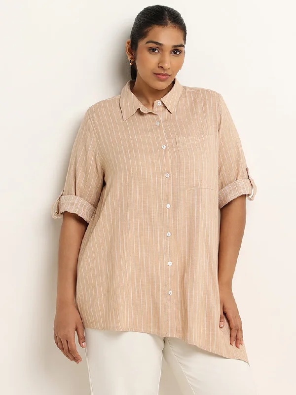 Last Chance Gia Beige Striped Blended Linen Asymmetric Shirt