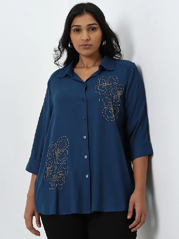 Price Drop Gia Dark Teal Floral Embellished Shirt