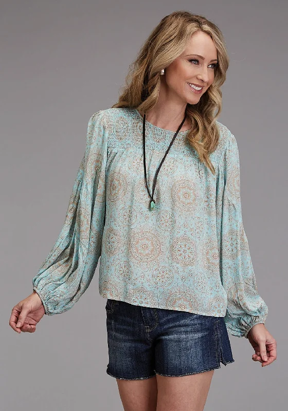 Best Bargains Stetson Womens 1986 Mandala Print Aqua 100% Rayon L/S Tunic
