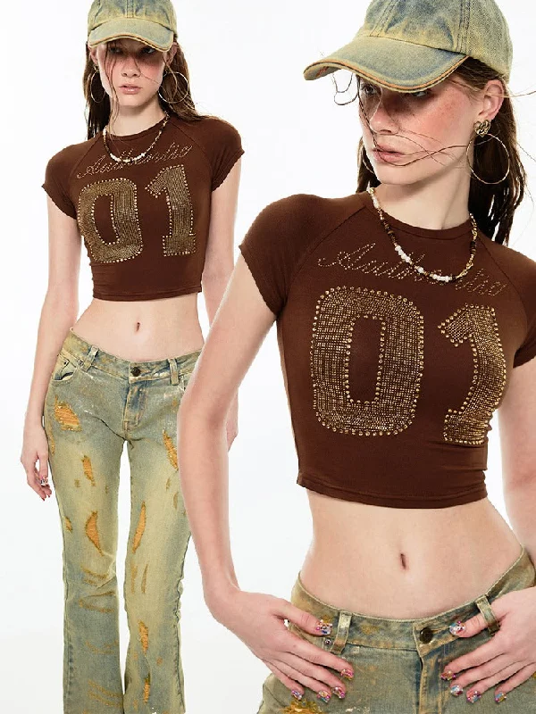 Markdown Sale Rhinestone Numbers Cropped Tee [S0000009162]
