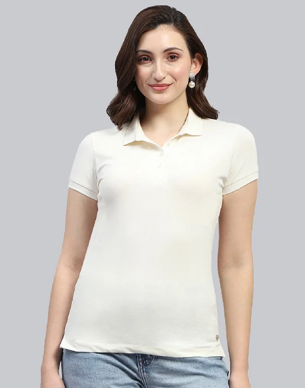 Massive Deals Women Off White Solid Polo Collar Half Sleeve T Shirt
