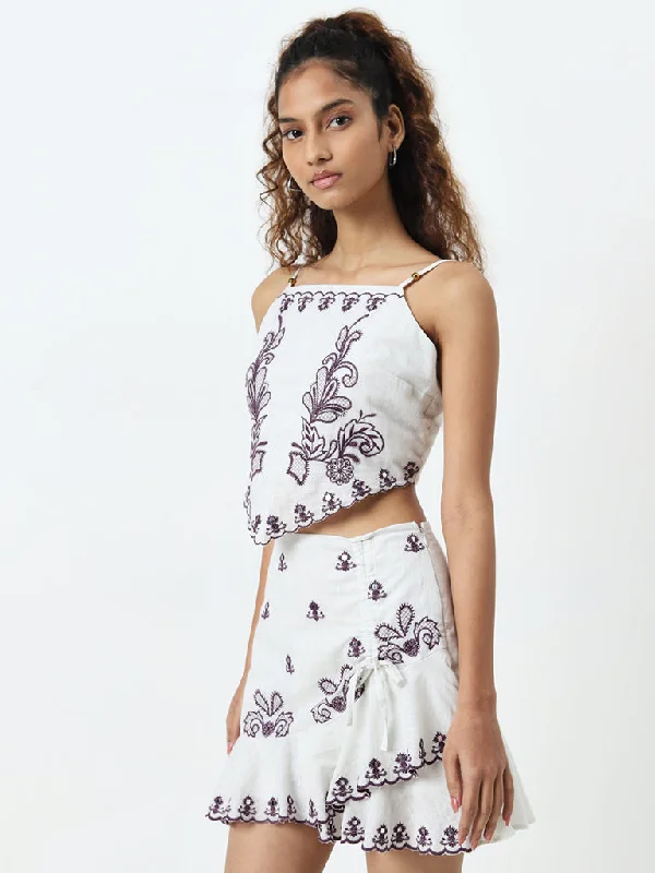 Savings Galore Bombay Paisley Ivory Embroidered Knot-Detailed Cotton Top
