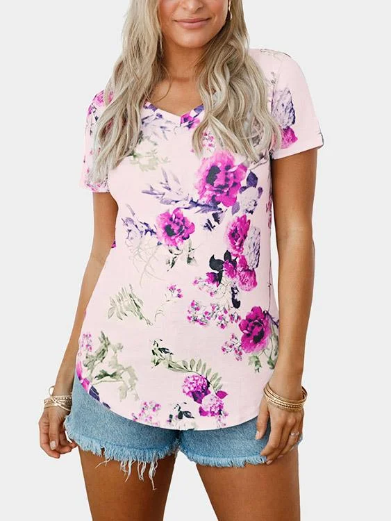 Don't Miss Out Wholesale V-Neck Floral Print Short Sleeve Curved Hem T-Shirts