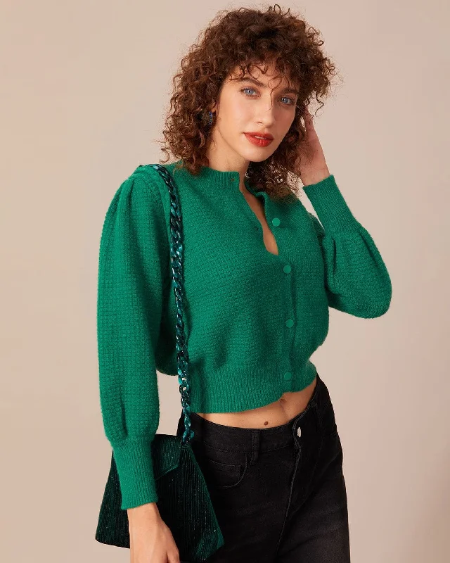 Exclusive Offer The Green Ribbed Lantern Sleeve Cardigan