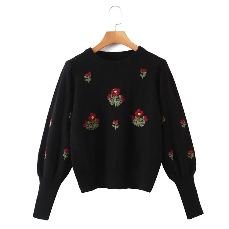 Special Discount Floral crew neck Pullover loose long sleeve sweater  7169