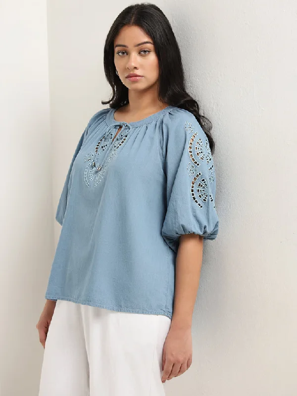 Blowout Deals Gia Light Blue Cut-Out Detailed Cotton Blouse
