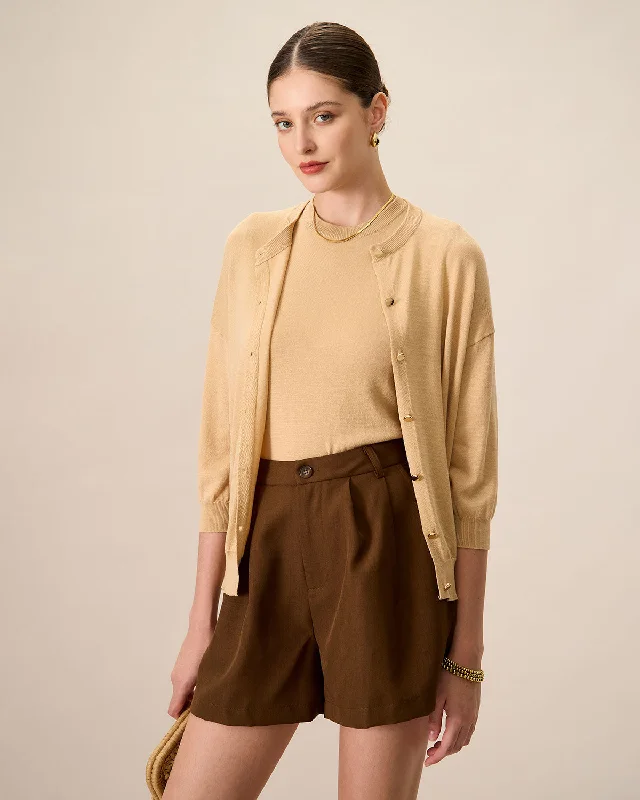 Price Drop Women's Khaki Crew Neck Ribbed Tencel Cardigan