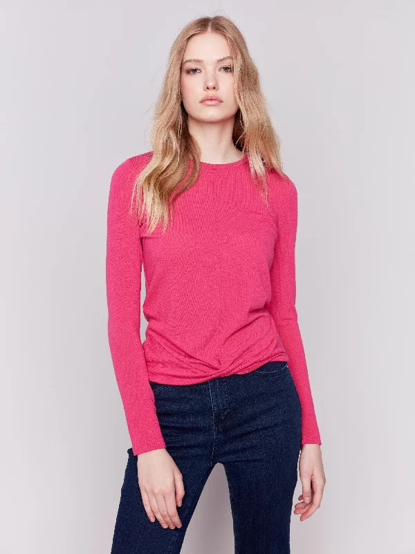 Price Break Soft Jersey Top with Front Knot Detail - Magenta