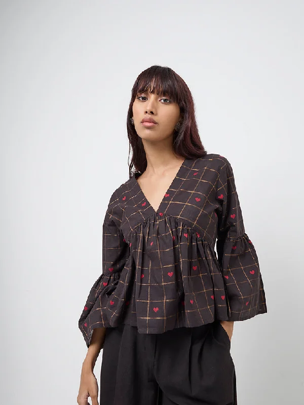 While Supplies Last Bombay Paisley Black Checks Printed Cotton Blend Peplum Top