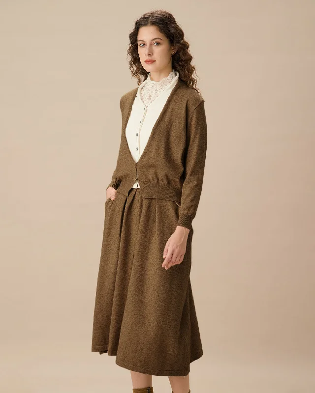 Special Discount Brown V Neck Cardigan Skirt Set