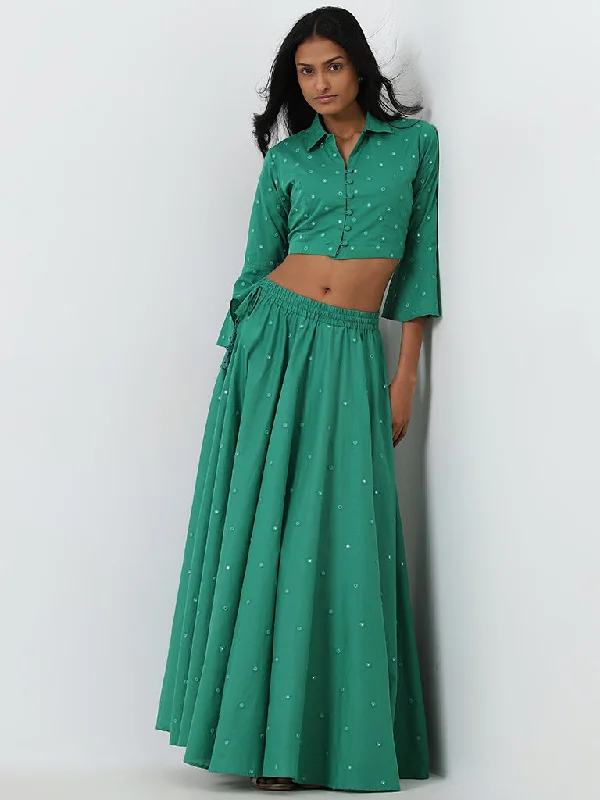 Closeout Utsa Green Mirror Work Cotton Crop Blouse