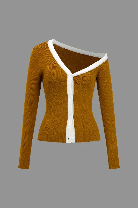 Clearance Event Color Block Print Knit Asymmetrical Long-Sleeve Top