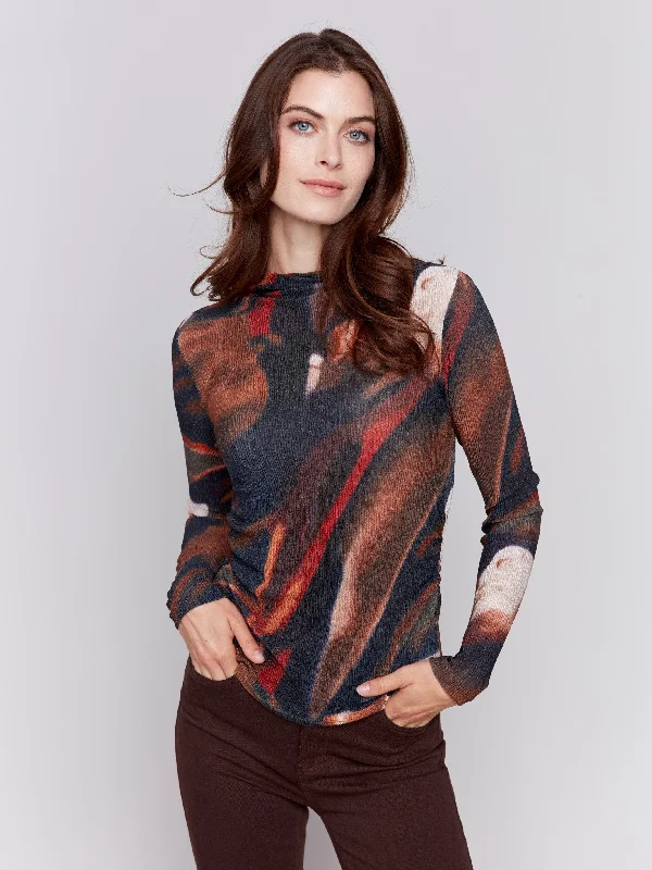 Weekend Bargains to Sizzle Printed Ruched Mock Neck Top - Spruce
