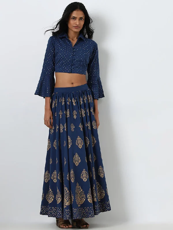 Seasonal Clearance Utsa Navy Badla Printed Cotton Crop Blouse
