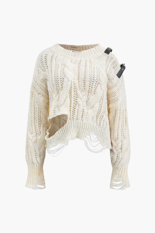 Buy More, Save More Knitted Cut Out Patchwork Belted Long-Sleeve Top