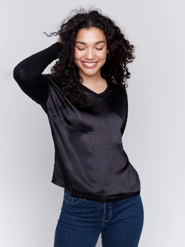 Weekend Specials to Enjoy Satin and Jersey V-Neck Knit Top - Black