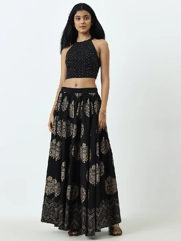 Weekend Savings Spectacular Utsa Black Badla Printed Cotton Crop Blouse