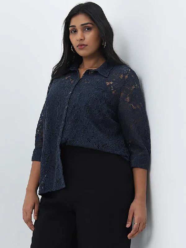 Inventory Reduction Gia Navy Floral Lace Design Shirt with Camisole