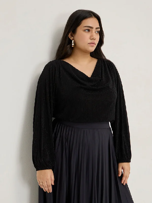 Weekend Special Gia Black Shimmer-Detailed Off-Shoulder Top