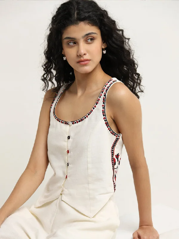 Midnight Madness Bombay Paisley Ivory Printed Waistcoat-Style Cotton Top