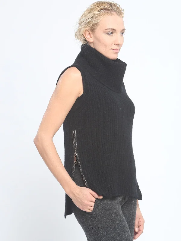 Great Bargain Leather Trimmed Zipper Detailed Sleeveless Turtleneck Pullover
