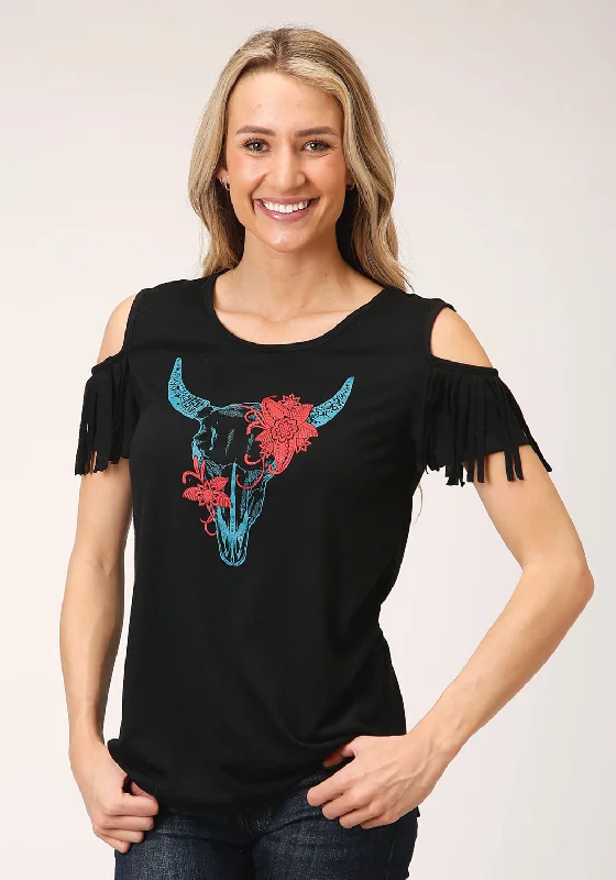 Take Advantage Roper Womens Black Poly/Rayon Cold Shoulder S/S Longhorn T-Shirt