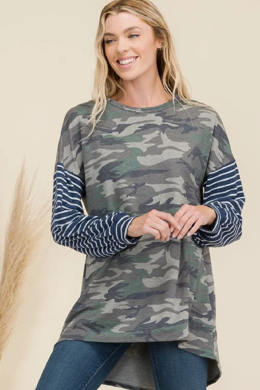 Year-End Sale Celeste Full Size Camo Print High-Low T-Shirt with Stripe Sleeves