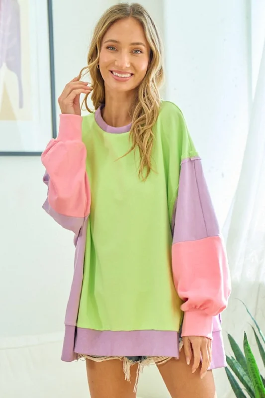 New Arrival First Love Color Block Long Sleeve Slit Sweatshirt